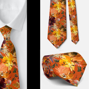 Autumn Colours Yellow Peach Roses Floral Neck Tie