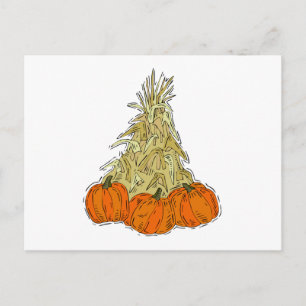 Autumn Cornstalks Pumpkins Postcard