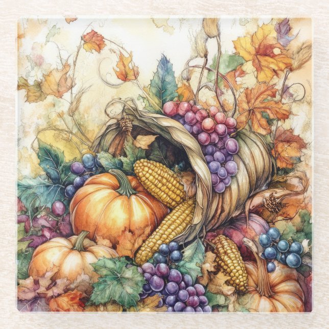 Autumn Cornucopia Glass Coaster (Front)