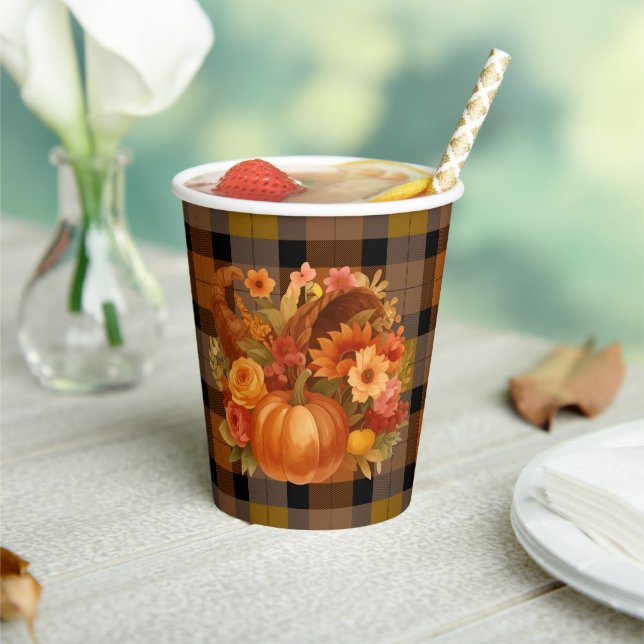 Autumn Cornucopia Plaid Paper Cups (Insitu)