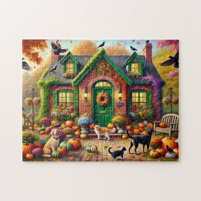 Autumn Cosy Cottage Cats Dogs Pumpkins   Jigsaw Puzzle (Horizontal)