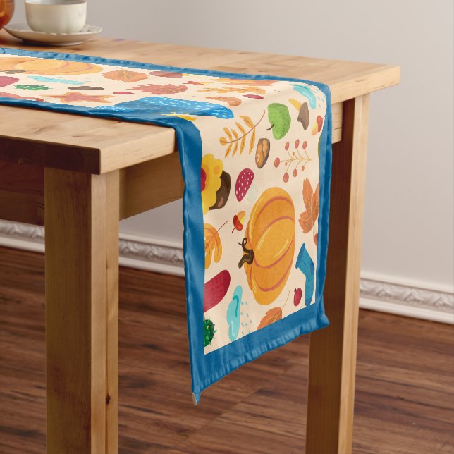 Autumn Cosy Fall Pattern Pumpkins Leaves Blue Short Table Runner (In Situ)