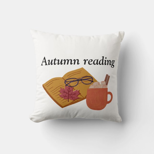Autumn Cosy Vibes – Hot Cocoa, Book & Fall Leaves  Cushion (Front)