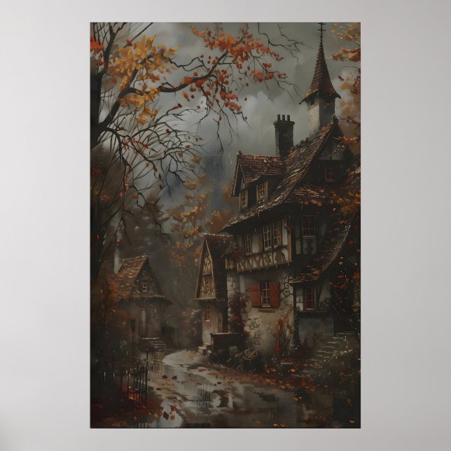 Autumn Cottage Art Print, Rustic Fall Wall Art (Front)