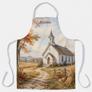 Autumn Country Church Watercolor Landscape Apron