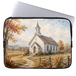 Autumn Country Church Watercolor Landscape Laptop Sleeve