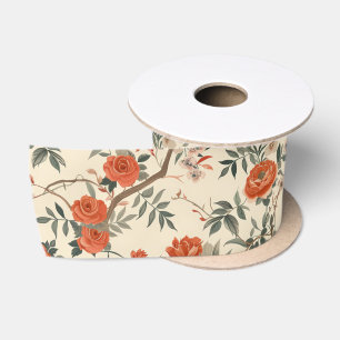 Autumn Cream Orange Floral Chinoiserie Satin Ribbon