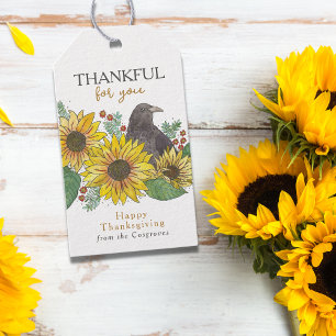 Autumn Crow in Sunflowers Watercolor Thanksgiving Gift Tags