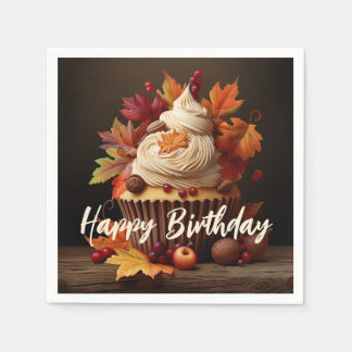 Autumn Cupcake with Colourful Fall Leaves Birthday Napkin
