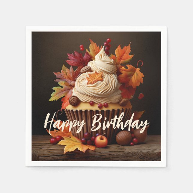 Autumn Cupcake with Colourful Fall Leaves Birthday Napkin (Front)