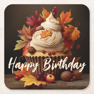 Autumn Cupcake with Colourful Fall Leaves Birthday Square Paper Coaster