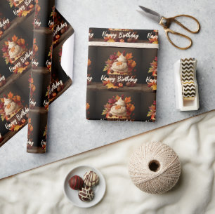 Autumn Cupcake with Colourful Fall Leaves Birthday Wrapping Paper