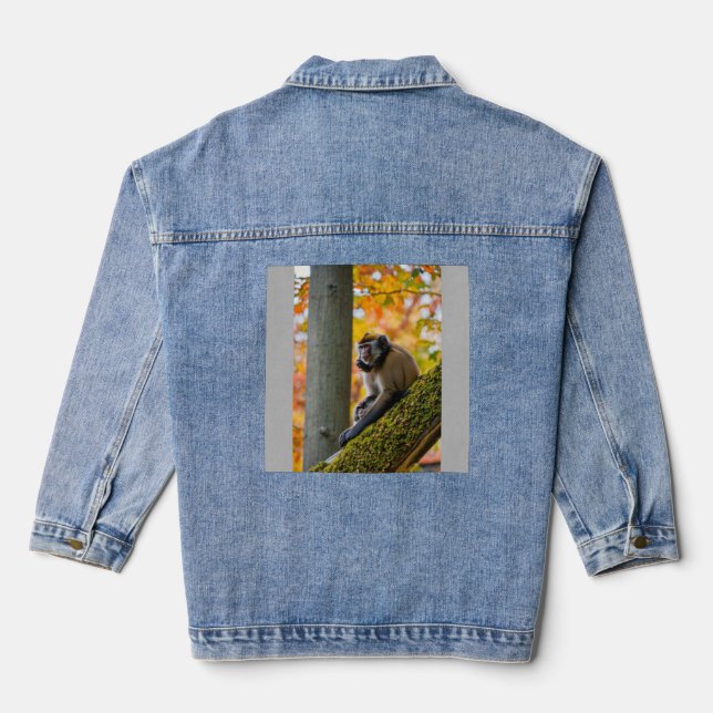 Autumn Curiosity: Monkeys at the Zoo in Fall Denim Jacket (Back)