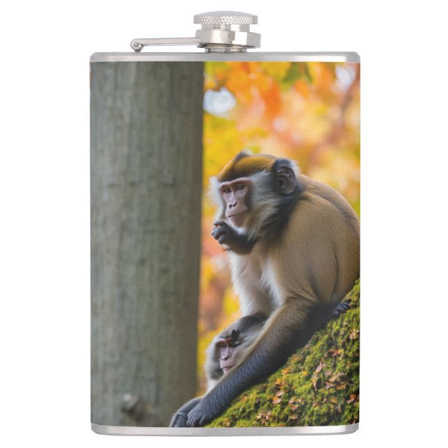 Autumn Curiosity: Monkeys at the Zoo in Fall Hip Flask (Front)
