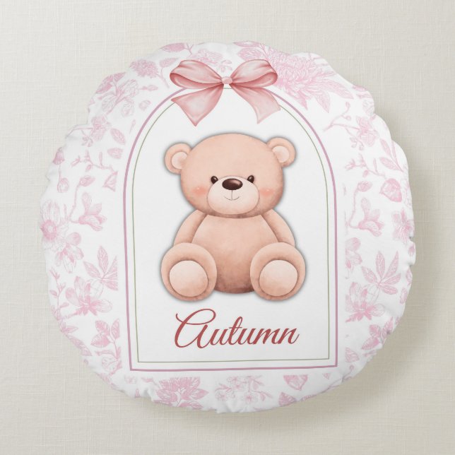 Autumn | Custom Pink Teddy Bear Nursery Design  Round Cushion (Front)