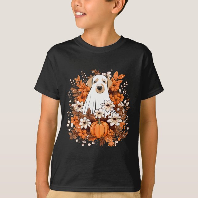 Autumn Cute Dog Ghost With Pumpkin Halloween Fall  T-Shirt (Front)