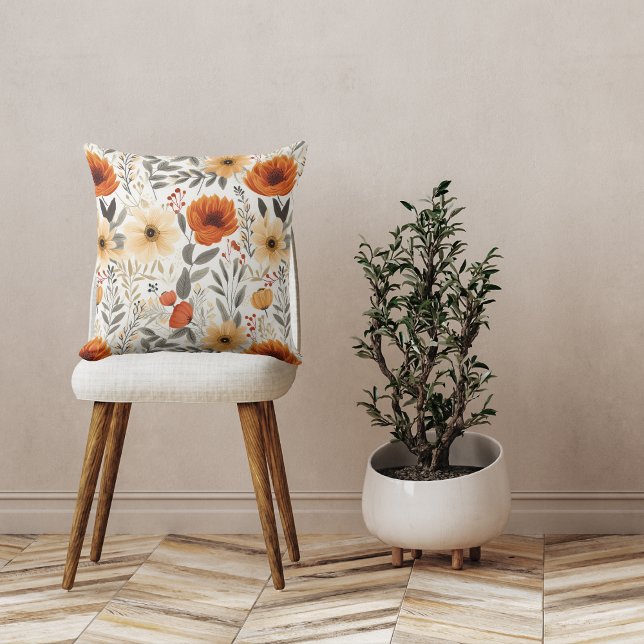 Autumn Cute Orange Floral Pattern White Cushion (Creator Uploaded)