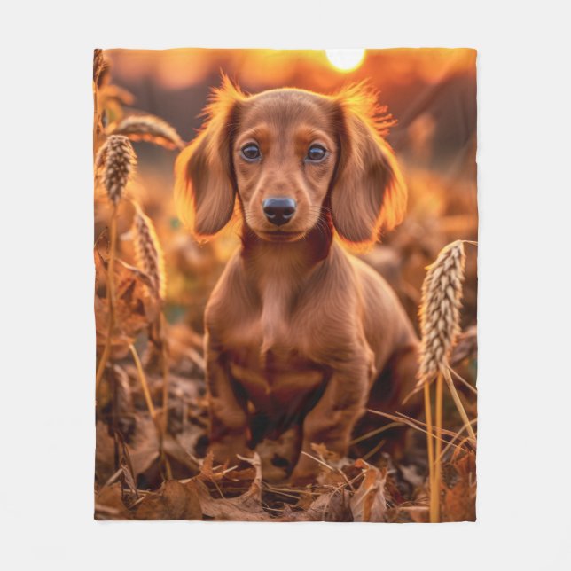 Autumn Dachshund Pup Fleece Blanket (Front)