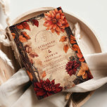 Autumn Dahlia Elegance Wedding Invitation<br><div class="desc">A romantic autumn design featuring rich dahlias in shades of burgundy and burnt orange,  surrounded by delicate vines and falling leaves. Set on a vintage parchment background,  this design evokes warmth,  elegance,  and seasonal charm — perfect for a fall wedding with timeless appeal. Easily personalised to suit your celebration.</div>
