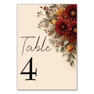 Autumn Dahlia Floral Rust & Burgundy Fall Flowers Table Number