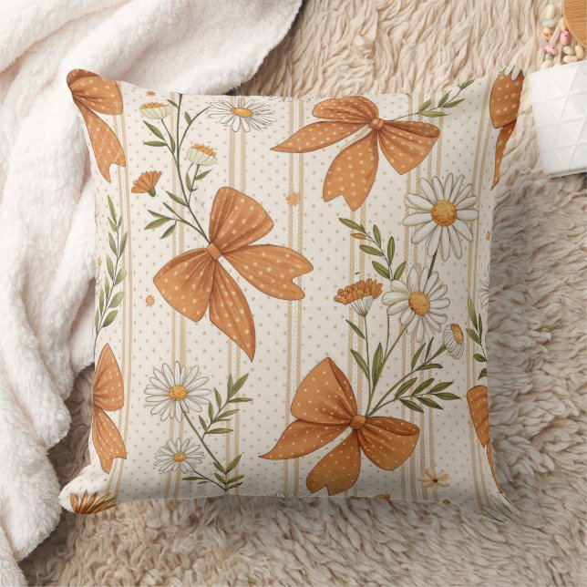 Autumn Daisy and Bow Floral Pattern Cushion (Blanket)
