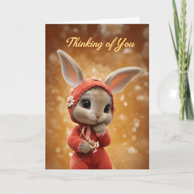 Autumn Daisy Baby Bunny in Red Thinking of You Card (Front)