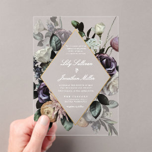 Autumn Dark Moody Floral Frame Purple Wedding Acrylic Invitations