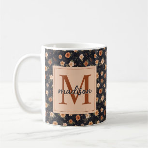 Autumn Dark Moody Terracotta Floral Monogram Name Coffee Mug