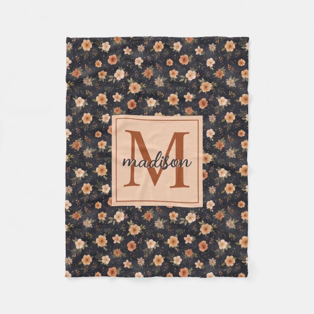 Autumn Dark Moody Terracotta Floral Monogram Name Fleece Blanket (Front)