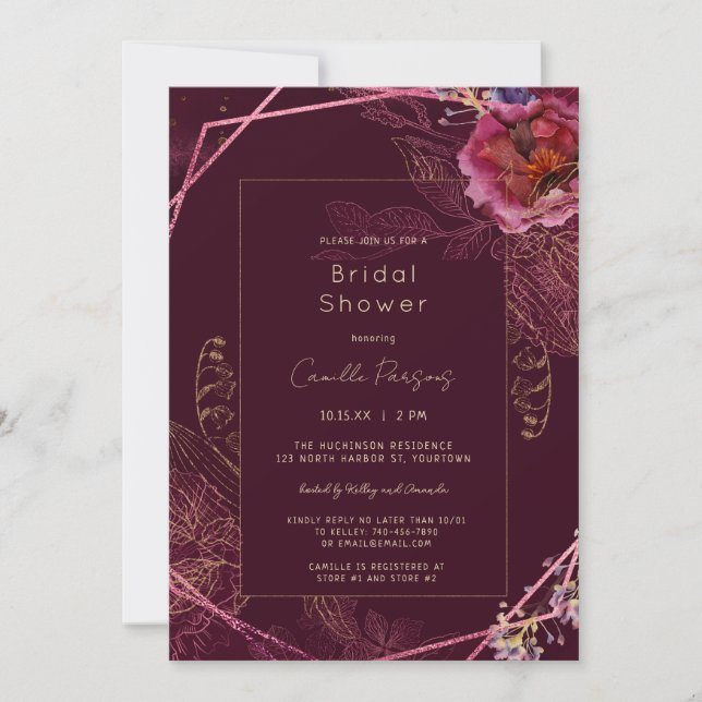 Autumn Dark Wine Floral Tracery Bridal Shower Invitation (Front)
