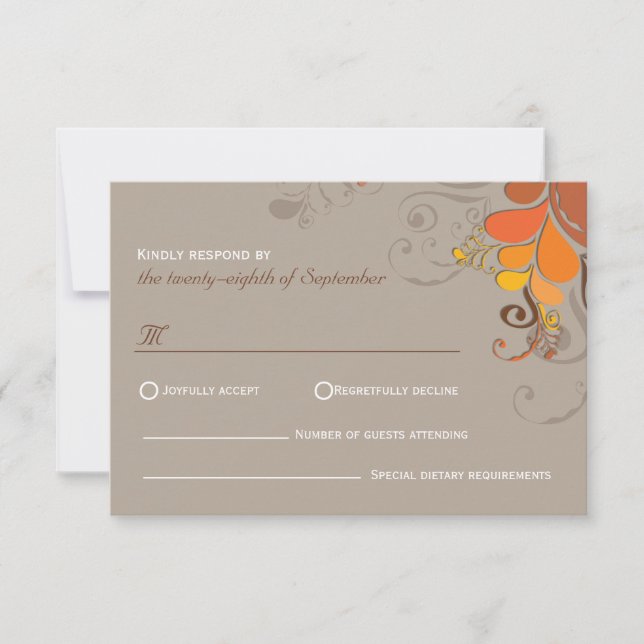 Autumn Deco Floral Swirls Wedding RSVP Card (Front)