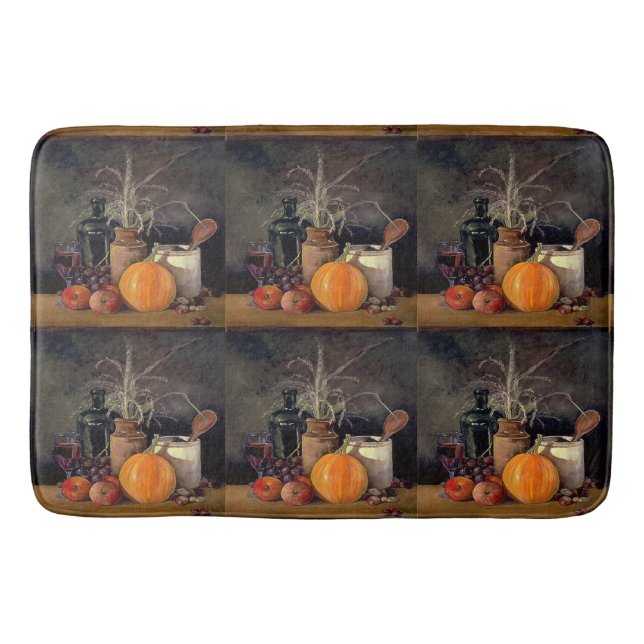 Autumn Decorations on Table, Pumpkin, Fruit, Drink Bath Mat (Front)