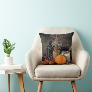 Autumn Decorations on Table, Pumpkin, Fruit, Drink Cushion