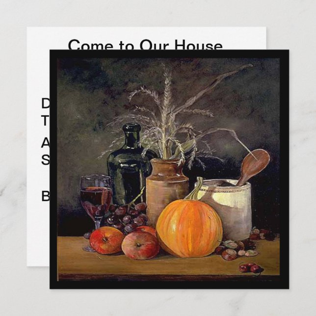 Autumn Decorations on Table, Pumpkin, Fruit, Drink Invitation (Front/Back)
