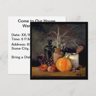 Autumn Decorations on Table, Pumpkin, Fruit, Drink Invitation