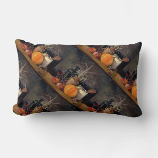 Autumn Decorations on Table, Pumpkin, Fruit, Drink Lumbar Cushion