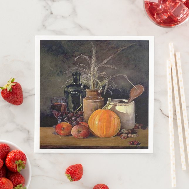 Autumn Decorations on Table, Pumpkin, Fruit, Drink Napkin (Insitu)