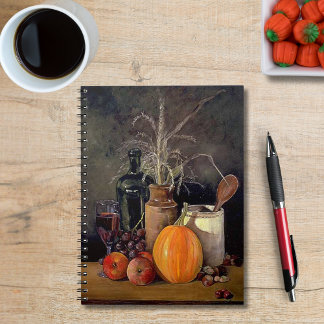 Autumn Decorations on Table, Pumpkin, Fruit, Drink Notebook