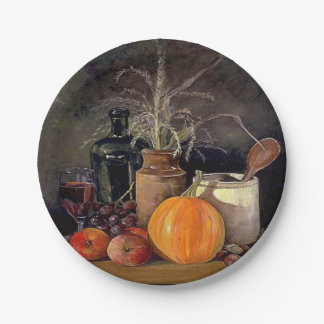 Autumn Decorations on Table, Pumpkin, Fruit, Drink Paper Plate