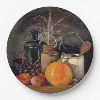 Autumn Decorations on Table, Pumpkin, Fruit, Drink Paper Plate