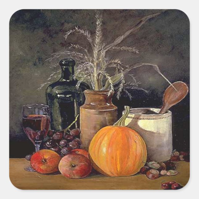 Autumn Decorations on Table, Pumpkin, Fruit, Drink Square Sticker (Front)