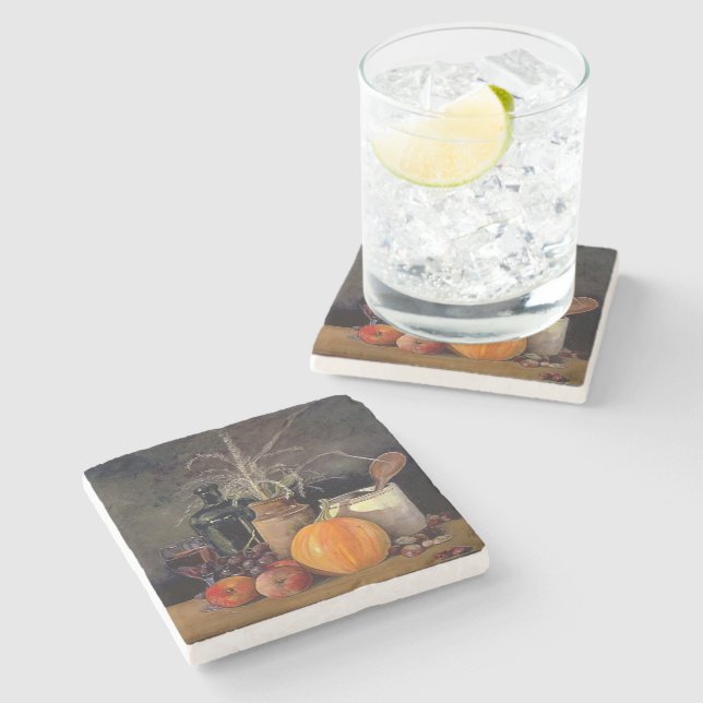 Autumn Decorations on Table, Pumpkin, Fruit, Drink Stone Coaster (Side)