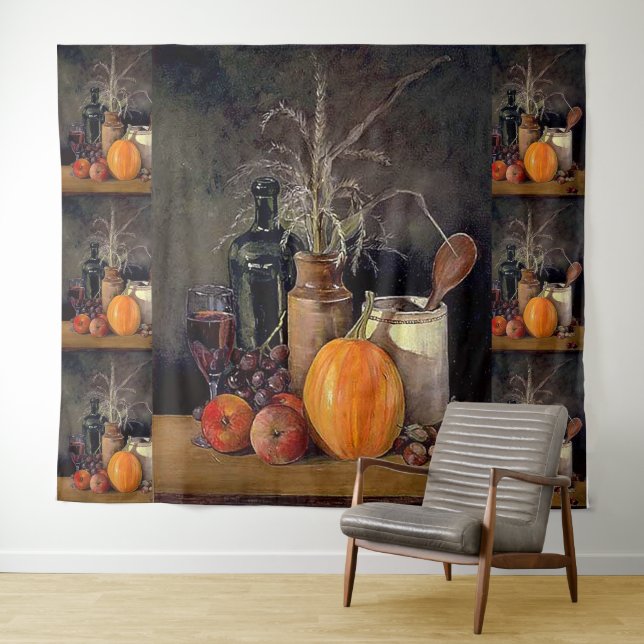 Autumn Decorations on Table, Pumpkin, Fruit, Drink Tapestry (In Situ (Horizontal))