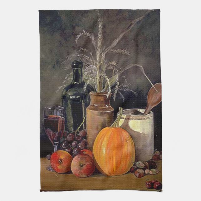 Autumn Decorations on Table, Pumpkin, Fruit, Drink Tea Towel (Vertical)