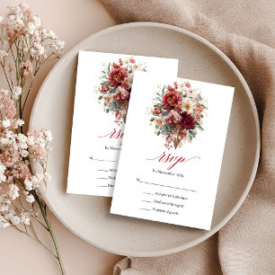 Autumn Deep Red Floral Boho Eucalyptus RSVP Card