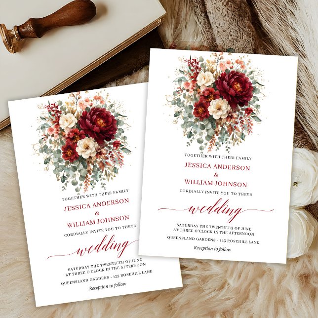 Autumn Deep Red Floral Boho Eucalyptus Wedding  Invitation (Autumn Deep Red Floral Boho Eucalyptus Wedding Invite

)
