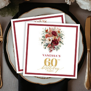 Autumn Deep Red Gold Floral 60th Birthday Paper Na Napkin