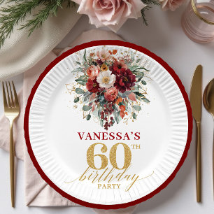 Autumn Deep Red Gold Floral 60th Birthday Paper Pl Plate