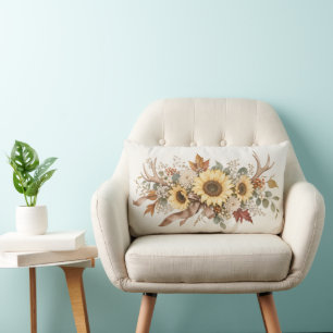 Autumn Deer Antlers with Leaves and Sunflowers Lumbar Cushion