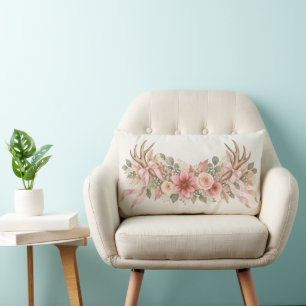 Autumn Deer Antlers with Pink Roses Lumbar Cushion